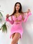 Flare Kollu Seksi Bodycon Pembe Mini Elbise 1