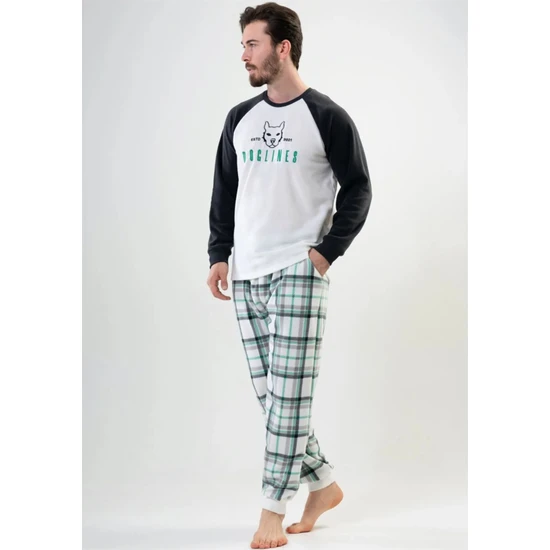 Vienetta Erkek Ekru Siyah Yeşil Çizgili - Uzun Kollu Polar Pijama Takımı