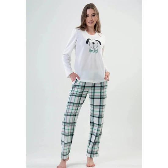 Vienetta Bayan Beyaz Yeşil Çizgili - Uzun Kollu Polar Pijama Takımı