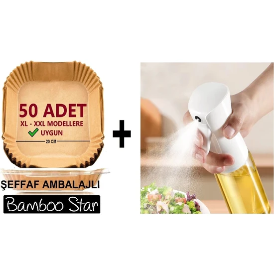Bamboo Star Airfryer Pişirme Kağıdı 50'li Kare Büyük Boy ve Sprey Yağdanlık Seti 2'li Set