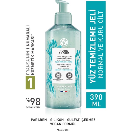 Yves Rocher Normal Ve Kuru Ciltler Için Pure Algue Prebiyotik Yüz Yıkama Jeli-390ml