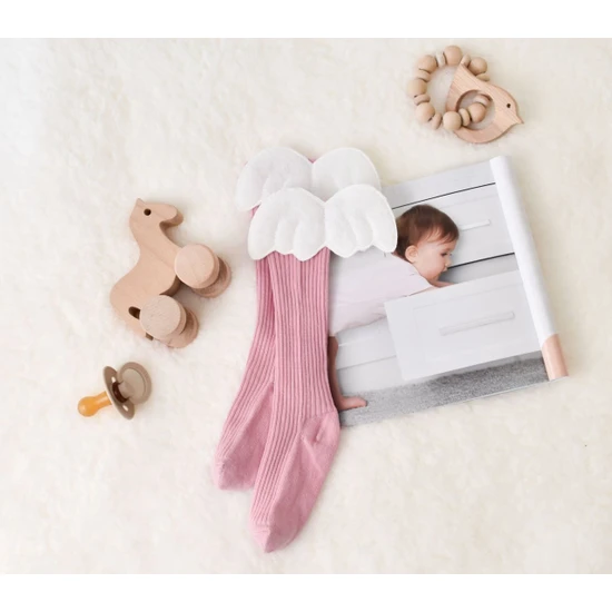 Inmini Kız Çocuk Pudra Pembe Kanat Detay Dizaltı Çorap