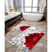 Talia Home Kırmızı Çiçek Desenli 2'li Banyo Paspas Seti TLAHMP-041