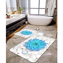 Talia Home Mavi Çiçek Desenli 2'li Banyo Paspas Seti TLAHMP-023