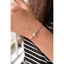 Papatya Silver 925 Ayar Gümüş Rodyum Kaplama Mor İpli Asansörlü Papatya Bileklik