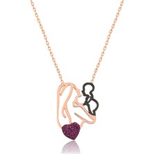 Papatya Silver Anne Çocuk Kalp Kolye Fuşya Taşlı Rose Gold Kaplama Gümüş