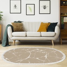 Alanur Home Alanur Star Pamuk Tabanlı Saçaklı Yıkanabilir Dijital Halı Oval Camel