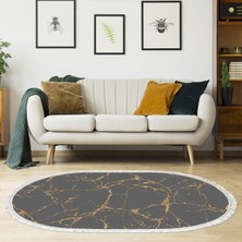 Alanur Home Alanur Star Pamuk Tabanlı Saçaklı Yıkanabilir Dijital Halı Oval Gold