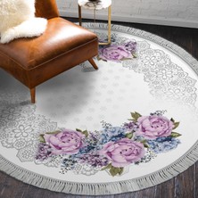 Alanur Home Alanur Star Pamuk Tabanlı Saçaklı Yıkanabilir Dijital Halı Yuvarlak Mürdüm