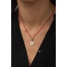 Papatya Silver Kırmızı İpli Mineli Paptya Kolye  Nazarlı Ve Dorica Toplu Rose Gold Kaplama 925 Ayar Gümüş Küçük Boy Kolye