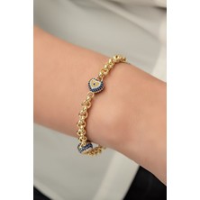 Papatya Silver Nazar Bileklik  Nano Zirkon Taşlı Üç Nazar Kalpli 14 Ayar Altın Kaplama Zincir Bileklik