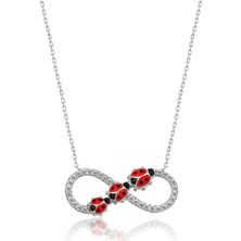 Papatya Silver Üç Uğur Böcekli Sonsuzluk Kolye  Nano Zirkon Taşlı Rodyum Kaplama 925 Ayar Gümüş