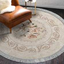 Alanur Home Alanur Trend Keçe Tabanlı Saçaklı Dijital Halı Yuvarlak Kahve