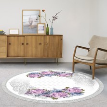 Alanur Home Alanur Trend Keçe Tabanlı Saçaklı Dijital Halı Yuvarlak Mürdüm