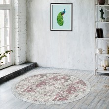 Alanur Home Alanur Trend Keçe Tabanlı Saçaklı Dijital Halı Yuvarlak Pudra