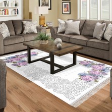 Alanur Home Alanur Yıldız Deri Tabanlı Saçaklı Yıkanabilir Dijital Halı Mürdüm