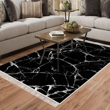 Alanur Yıldız Deri Tabanlı Saçaklı Yıkanabilir Dijital Halı Si̇yah