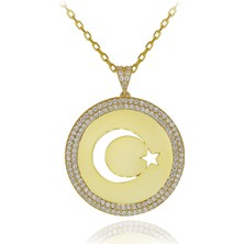 Beyaz Taşlı Plaka Ay Yıldız Gümüş Kolye