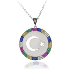 Renkli Taşlı Plaka Ay Yıldız Gümüş Kolye