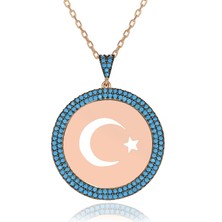 Turkuaz Taşlı Plaka Ay Yıldız Gümüş Kolye
