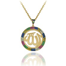 Renkli Taşlı Plaka Allah Gümüş Kolye