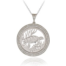 Beyaz Taşlı Plaka Kaplumbağa Gümüş Kolye