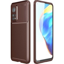 Tekno Grup Xiaomi Mi 10T Pro Kılıf Karbon Desenli Lux Negro Silikon + Tam Kaplayan 6d Nano Ekran Koruyucu Kahverengi