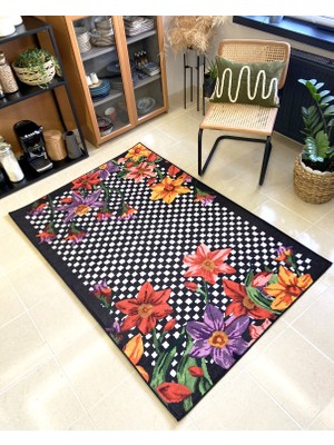 Rugs Modern Mira Floret Black White 1501 Çiçek Dama Desen Siyah Beyaz Halı