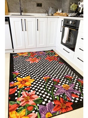 Rugs Modern Mira Floret Black White 1501 Çiçek Dama Desen Siyah Beyaz Halı