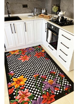 Rugs Modern Mira Floret Black White 1501 Çiçek Dama Desen Siyah Beyaz Halı