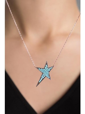 Papatya Silver Kadın Mavi Taşlı Yıldız Model Rose Kaplama 925 Ayar Gümüş Kolye