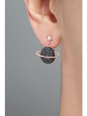 Papatya Silver 925 Ayar Siyah Taşlı Gümüş Gezegen Küpe