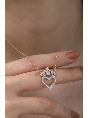 Papatya Silver 925 Ayar Zirkon Taşlı Kalpli Kraliçe Tacı Gümüş Kolye