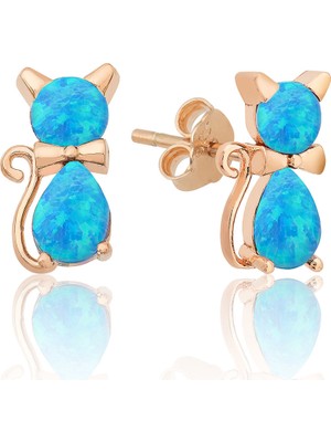 Papatya Silver 925 Ayar Opal Taşlı Kedi Gümüş Kadın Küpe Rose Altın Kaplama