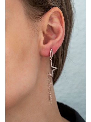 Papatya Silver 925 Ayar Rose Kaplama Yarım Yıldız Zincir Sallantılı Gümüş Küpe