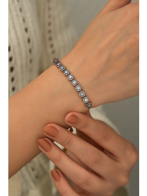 Papatya Silver Siyah Kalemli Asansör Bileklik Nano Zirkon Taşlı Rose Altın Kaplama Gümüş