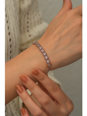 Papatya Silver Nazargöz Asansör Bileklik Nano Zirkon Taşlı Rose Altın Kaplama Gümüş