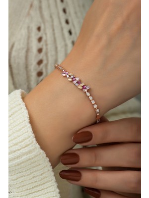Papatya Silver 925 Ayar Rose Kaplama Renkli Baget Taşlı Gümüş Bileklik