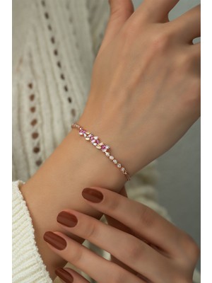 Papatya Silver 925 Ayar Rose Altın Kaplama Renkli Baget Taşlı Gümüş Bileklik