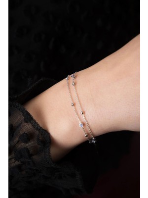 Papatya Silver 925 Ayar Çift Zincirli Nazar Göz Gümüş Bileklik