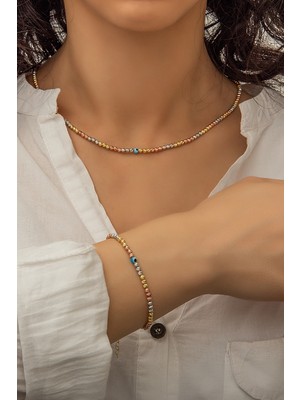 Papatya Silver Dorica Toplu Nazar Gözlü Üç Renkli Fantezi Kolye Bileklik 925 Ayar Gümüş