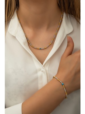 Papatya Silver Dorica Toplu Nazar Gözlü İki Renkli Fantezi Kolye Bileklik 925 Ayar Gümüş