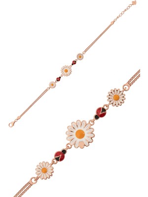 Papatya Silver Süzme Papatya Uğur Böceği Renkli Mineli Rose Gold Kaplama 925 Ayar Gümüş Bileklik