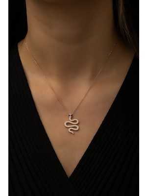 Papatya Silver Yılan Kolye Nano Zirkon Taşlı Rose Gold Kaplama 925 Ayar Gümüş Kolye