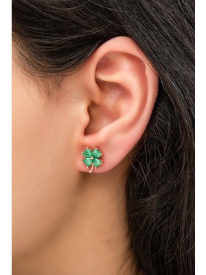 Papatya Silver Yeşil Buzlu Zirkon Taşlı Yonca Küpe Rose Gold Kaplama 925 Ayar Gümüş