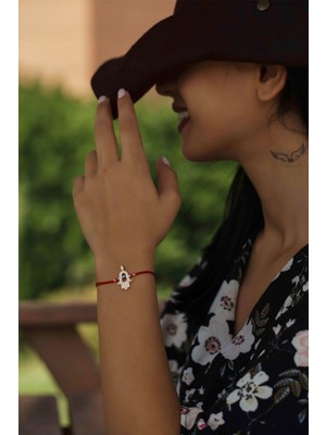 Papatya Silver Kırmızı İpli Nazar Boncuklu Fatma Ana Eli Gümüş Bileklik