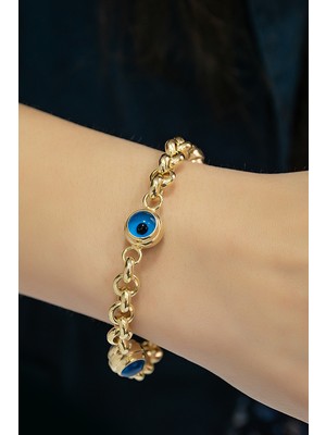 Papatya Silver Üç Nazar Gözlü Halloy Zincir Bileklik 14 Ayar Altın Kaplama 925 Ayar Gümüş