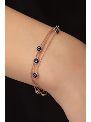 Papatya Silver Üç Sıra Nazargöz Bileklik Rose Altın Kaplama 925 Ayar Gümüş