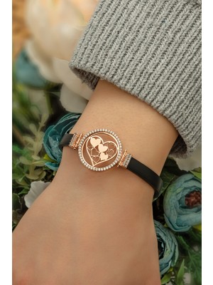 Papatya Silver Deri Kordonlu Zirkon Halka Kalpler Aile Simgesi Bileklik Rose Altın Kaplama 925 Ayar Gümüş