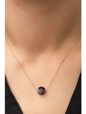 Papatya Silver Oval Bordo Fasetli Yüzey Taş Kolye  Zincir Rose Kaplama 925 Ayar Gümüş